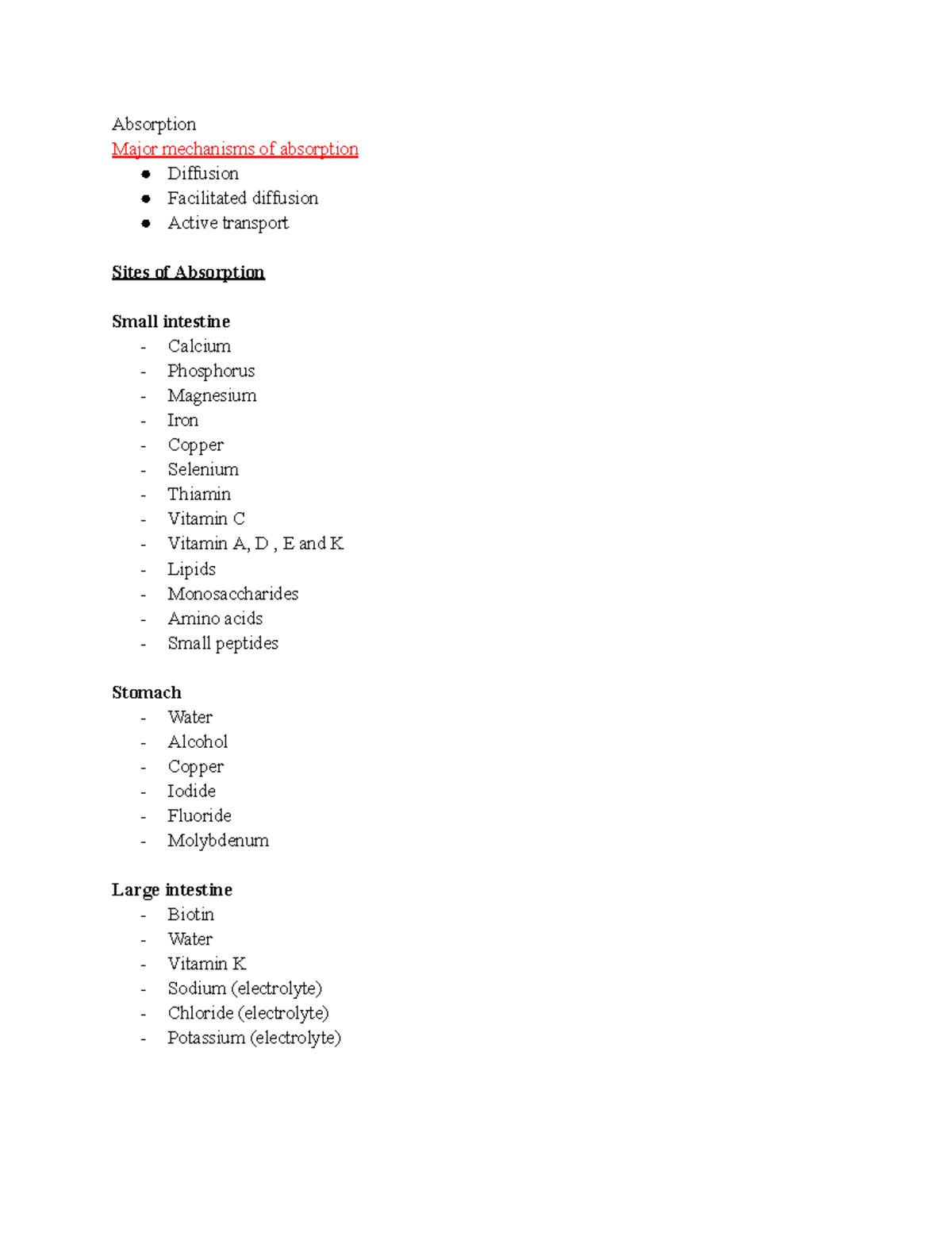 Nutr exam 2 - Absorption Major mechanisms of absorption Diffusion ...