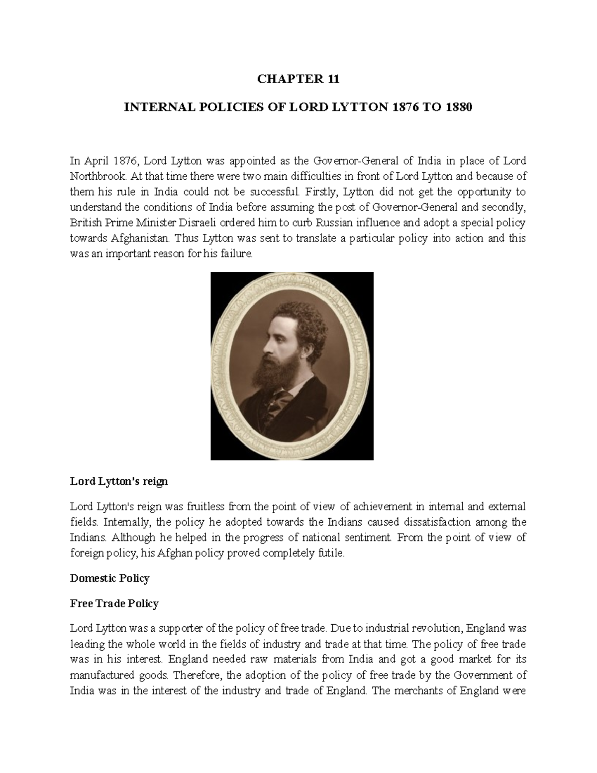 Chapter 11 Internal Policies OF LORD Lytton 1876 TO 1880 CHAPTER 11
