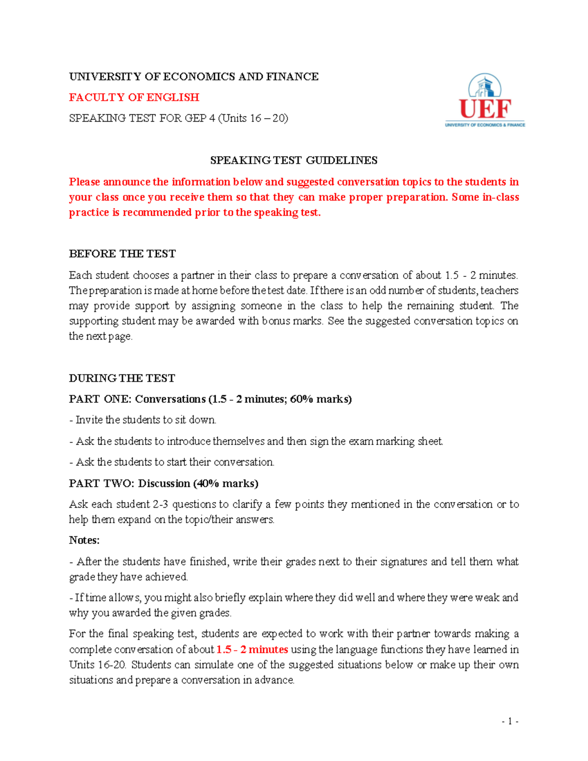 GEP 4 Speaking (Sep 2021 updated) - 1 - UNIVERSITY OF ECONOMICS AND ...