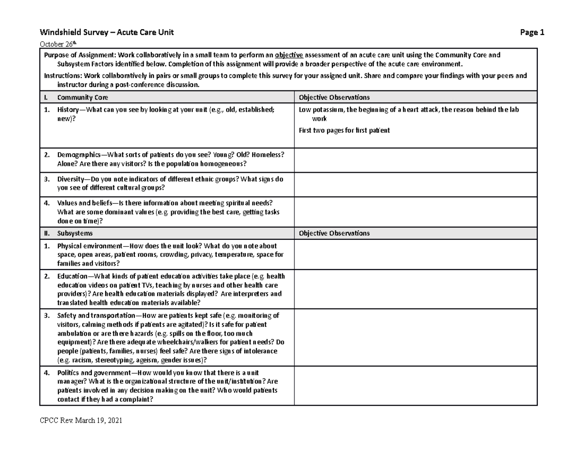 Windshield Survey Acute Care Final Windshield Survey Acute Care