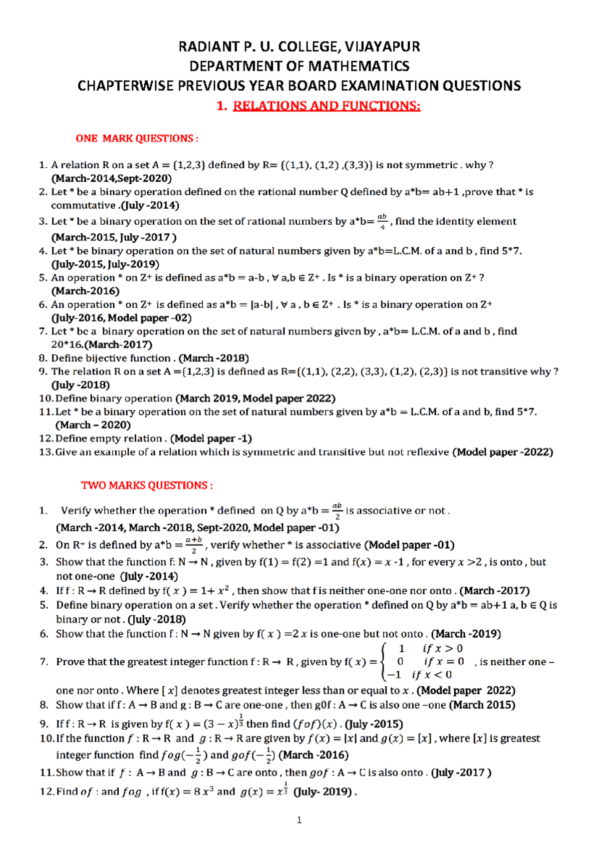 Maths Chapterwise Previous YEAR Board Examination Questions ...