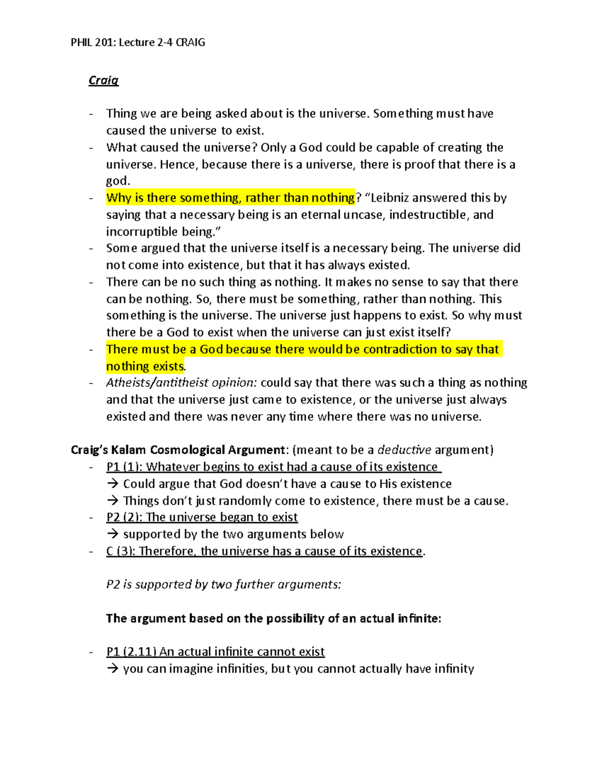 Craig notes for Phil 201 - Philosophy 201 - UCalgary - Studocu