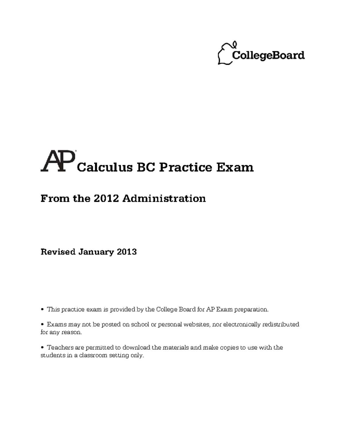 Ap calculus bc practice exam 2012 Calculus BC Practice Exam From the