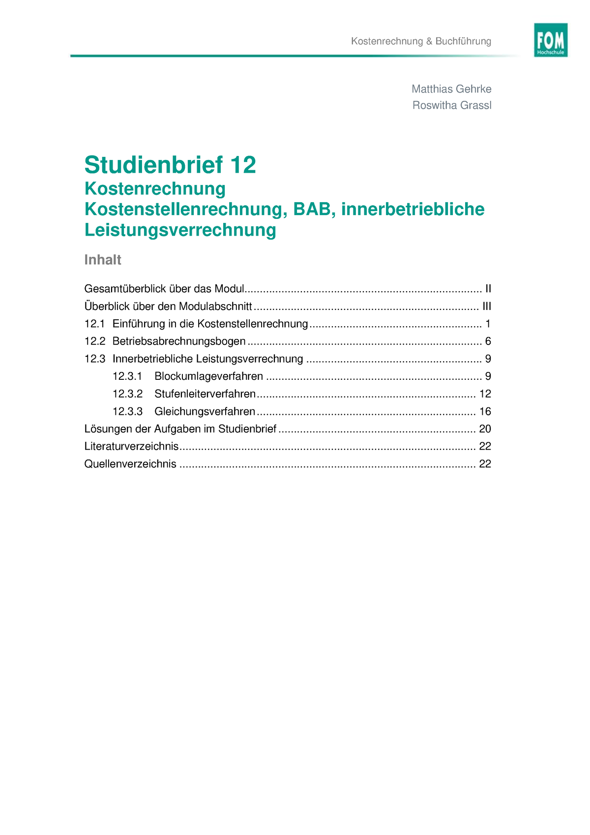 Studienbrief 5 - Kostenrechnung & Buchführung Matthias Gehrke Roswitha ...