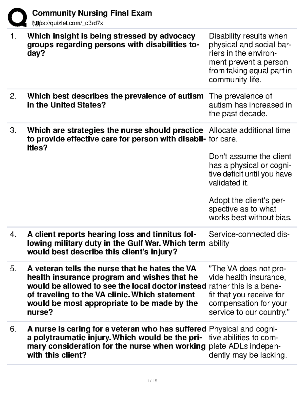 Community Nursing Final Exam 01182023 (¿f`quizlet/_c3rd7x Which