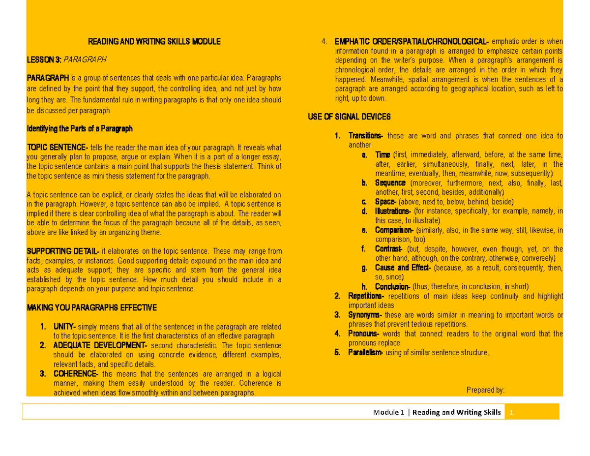 Scribd None READING AND WRITING SKILLS MODULE LESSON 3 PARAGRAPH