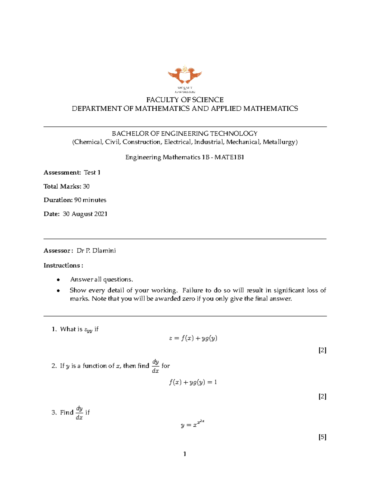 MATE1B1 Test V1 - Pppppp - FACULTY OF SCIENCE DEPARTMENT OF MATHEMATICS ...