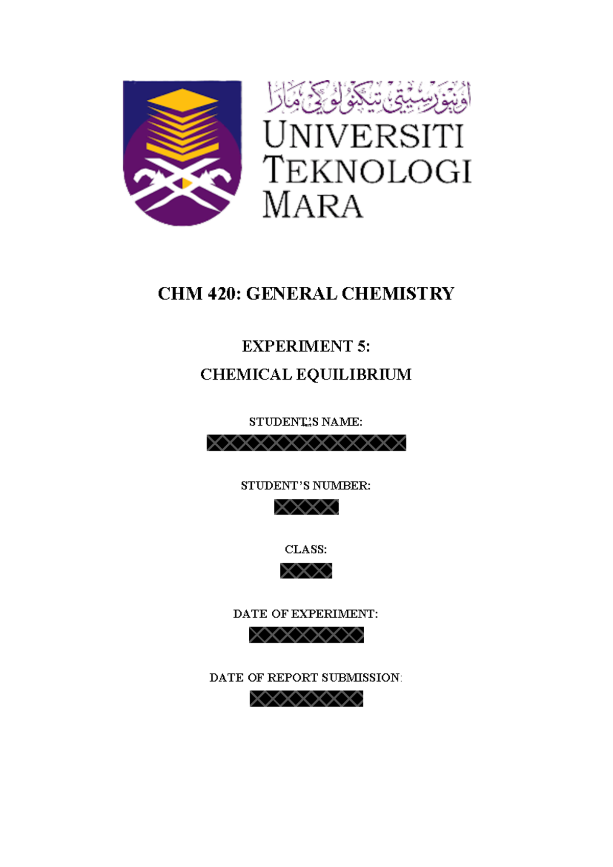 Exp 5 - CHM 420: GENERAL CHEMISTRY EXPERIMENT 5 : CHEMICAL EQUILIBRIUM ...