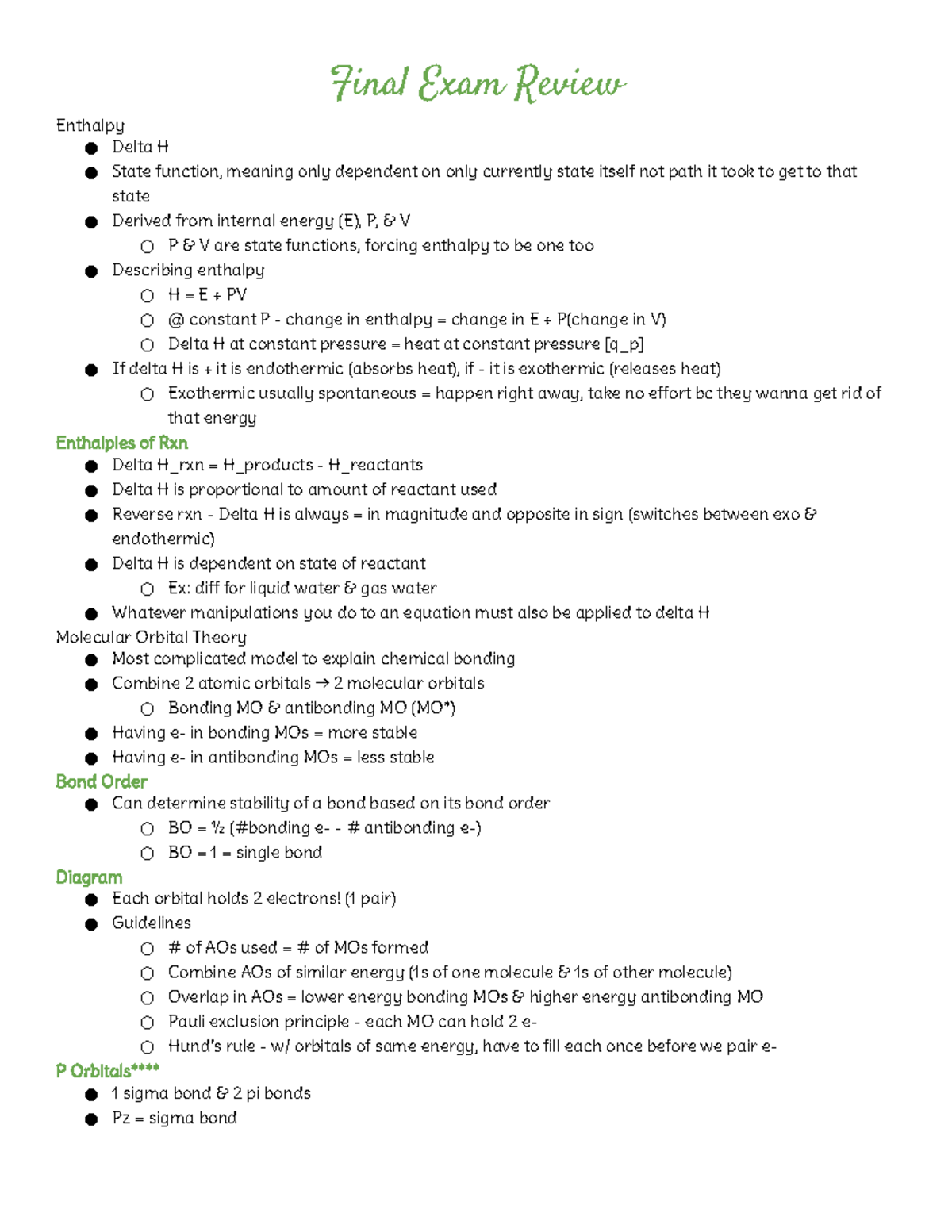 Final Exam Review Lecture Notes - Final Exam Review Enthalpy Delta H ...