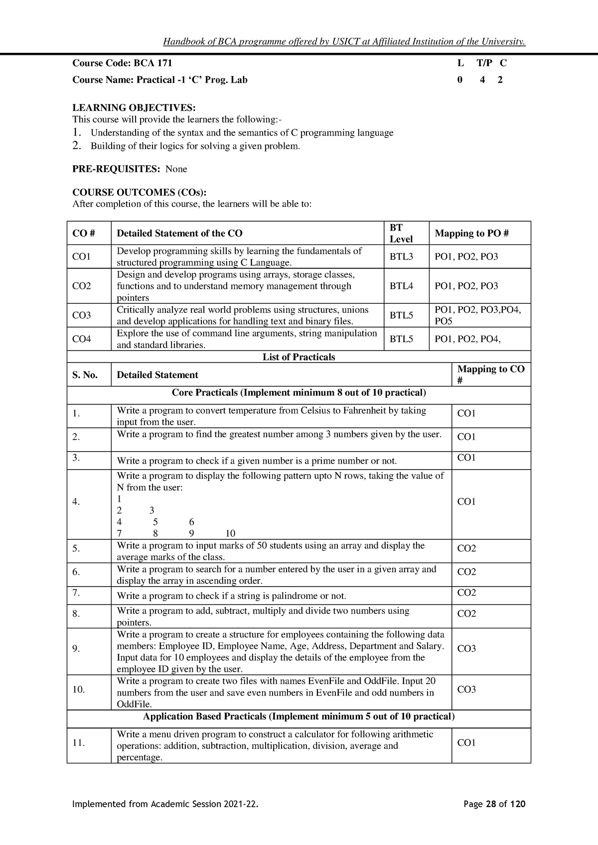 C Practical - Handbook Of BCA Programme Offered By USICT At Affiliated ...