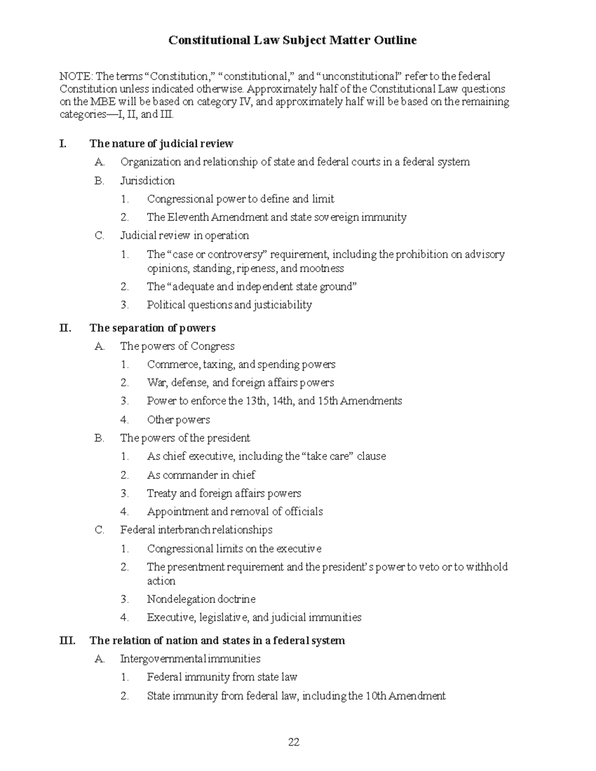 MBE Con Law Subject Matter Outline - 22 Constitutional Law Subject ...