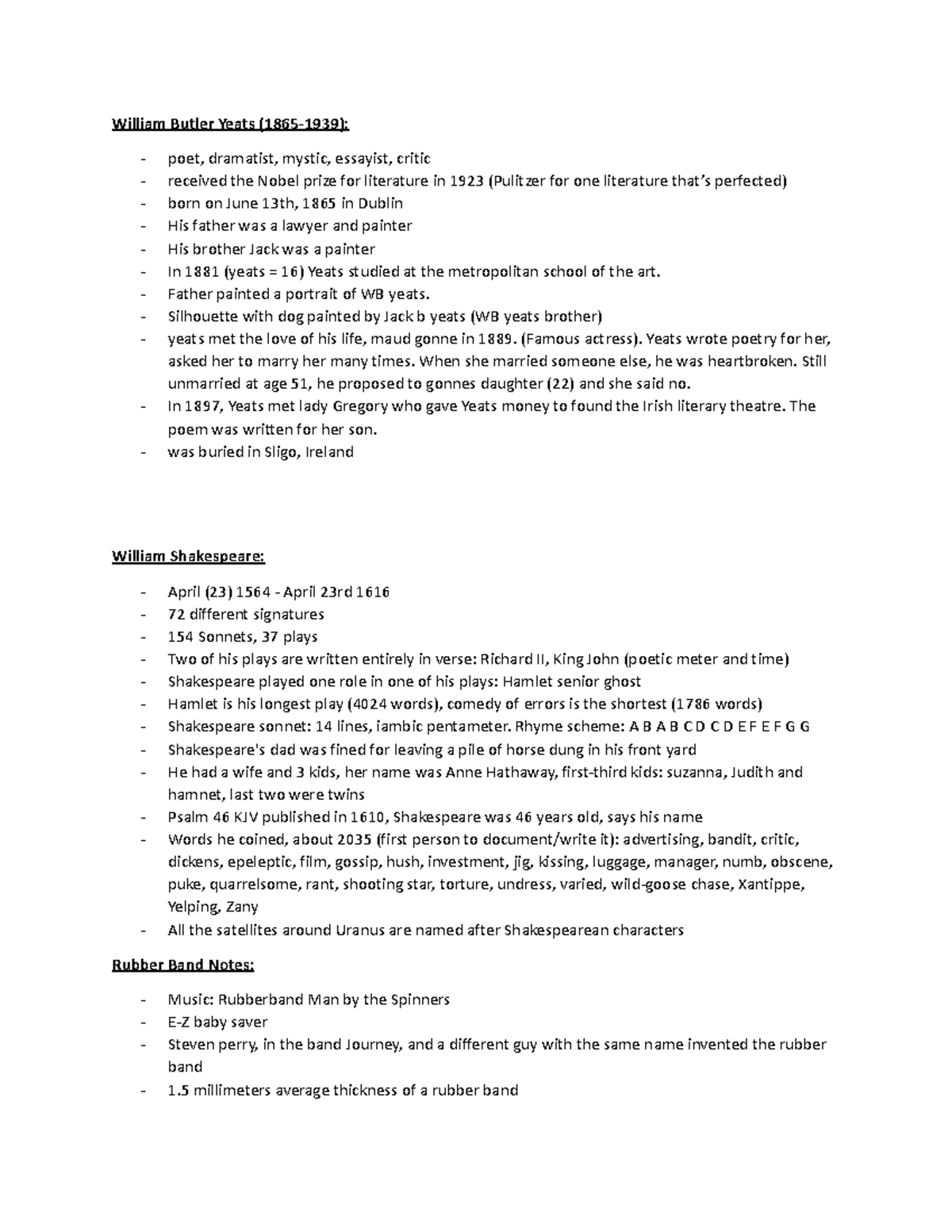 English Notes Final - Mr. Beeson - William Butler Yeats (1865-1939 ...