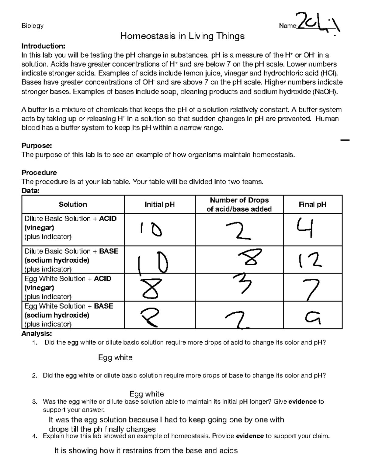 Homeostasis Lab Data - will help with answers - Biology Name ...