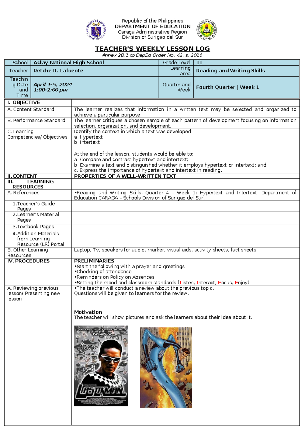 Q4 RWS Week-1 - lesson log - Republic of the Philippines DEPARTMENT OF ...