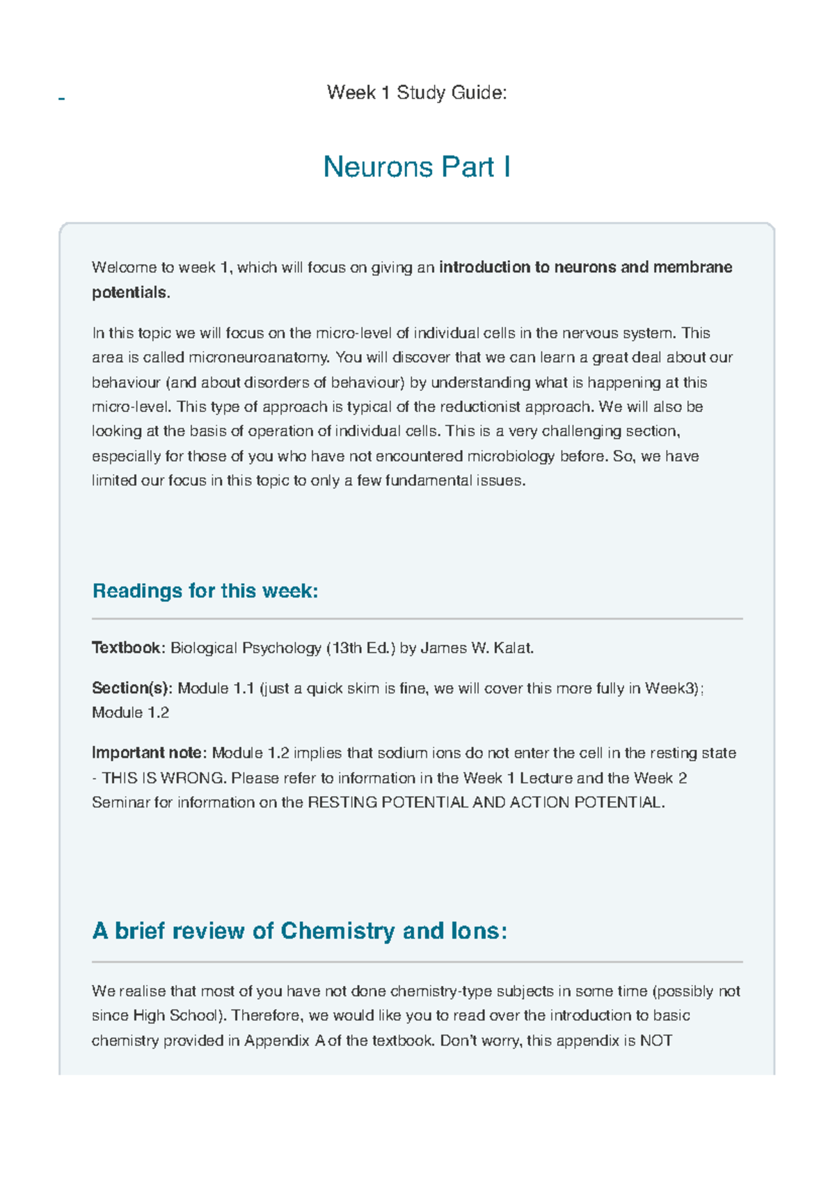 Week 1 - Study Guide - HPS775 - Biological Psychology (Brain And ...