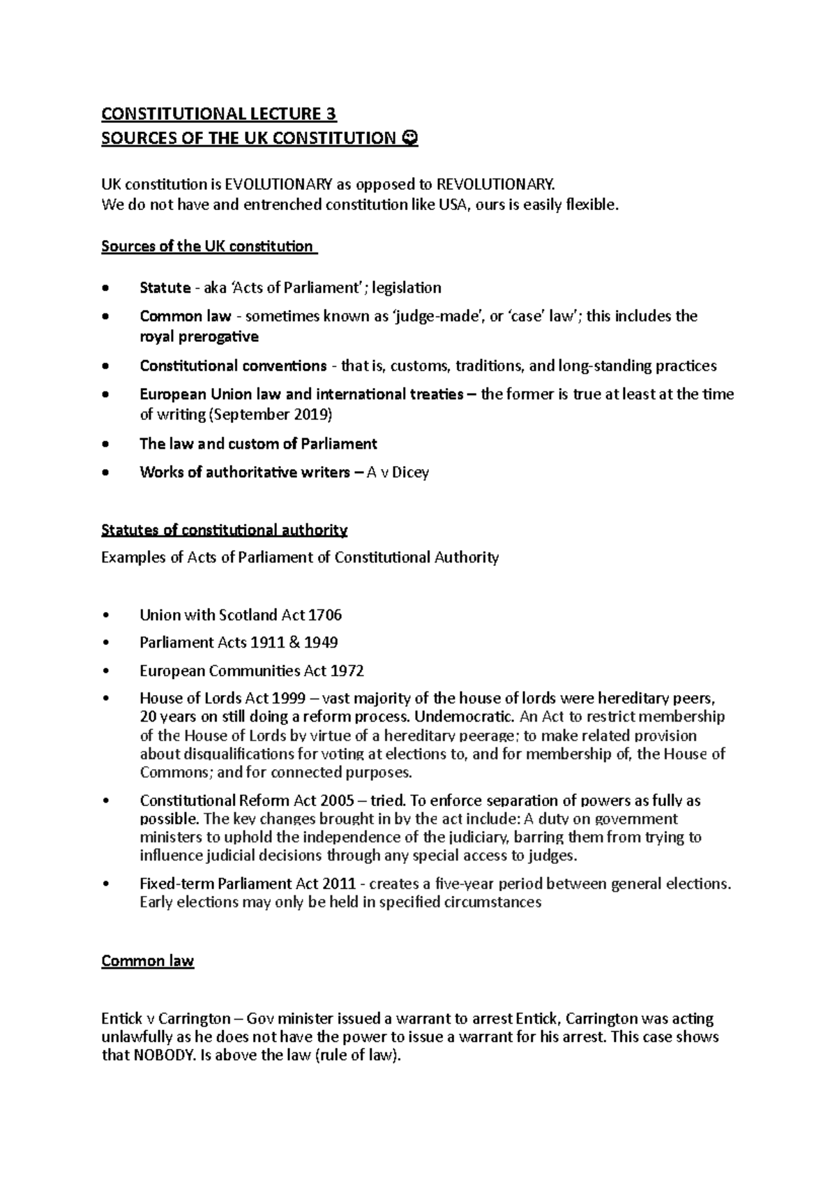 Constitutional Lecture 3 - CONSTITUTIONAL LECTURE 3 SOURCES OF THE UK ...