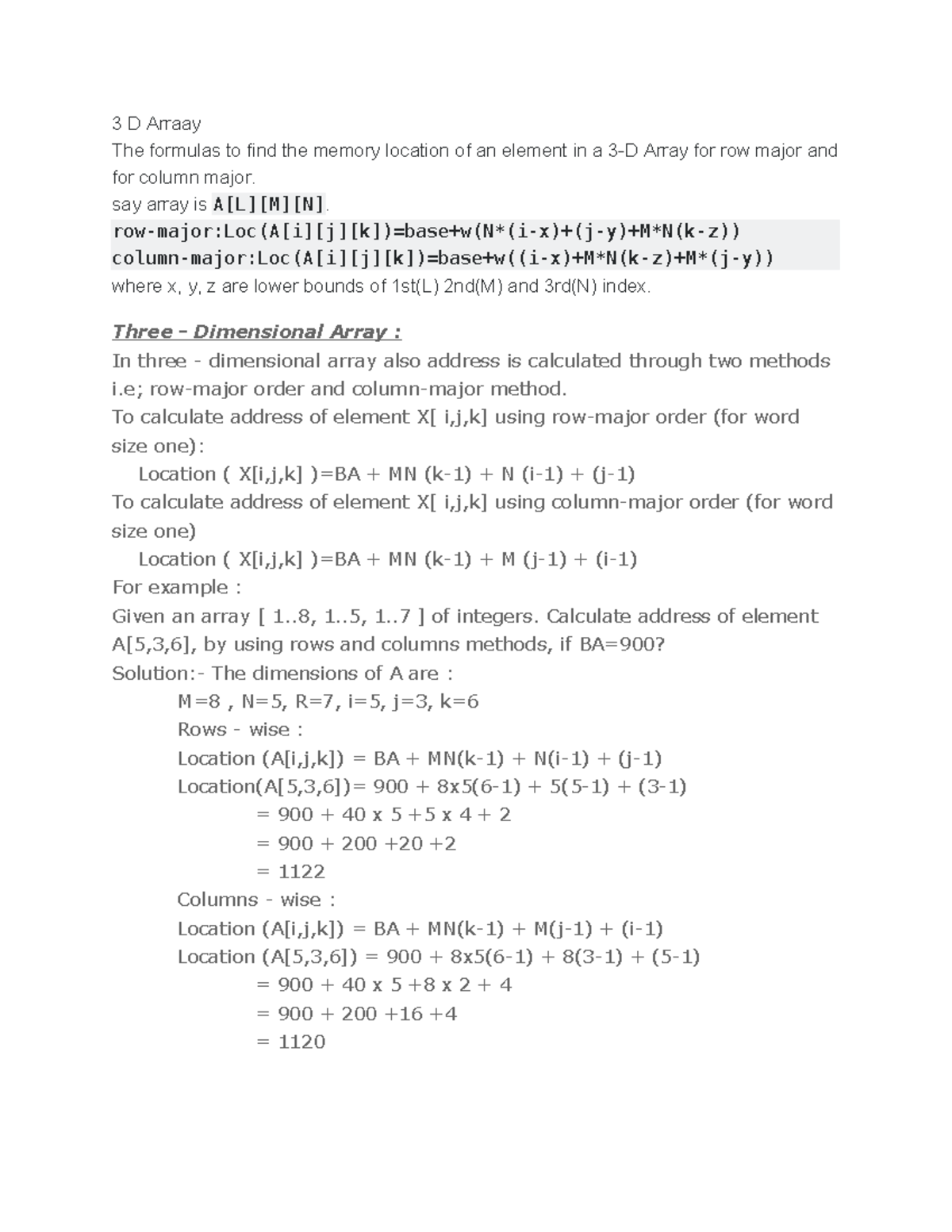 3 D Arraay - CVDVFD - 3 D Arraay The formulas to find the memory ...