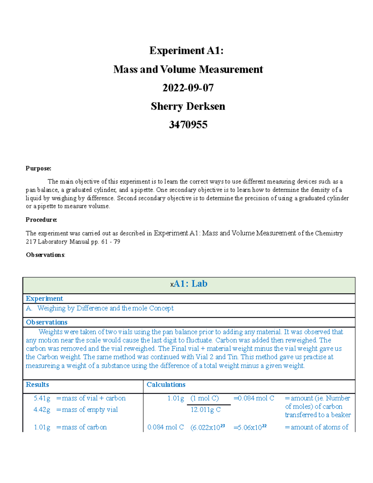 A1 - Lab - Short Report - Experiment A1: Mass and Volume Measurement ...