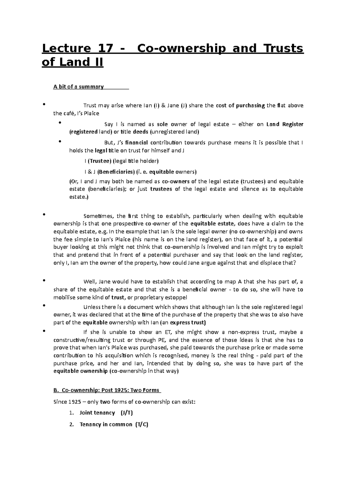 Lecture 17 - Co-ownership and Trusts of Land I - e. equitable owners ...