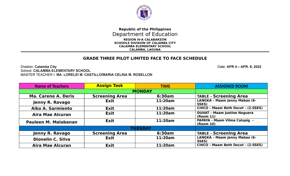 Grade 3 Limited Face to Face Schedule April 4 82022 Republic of the