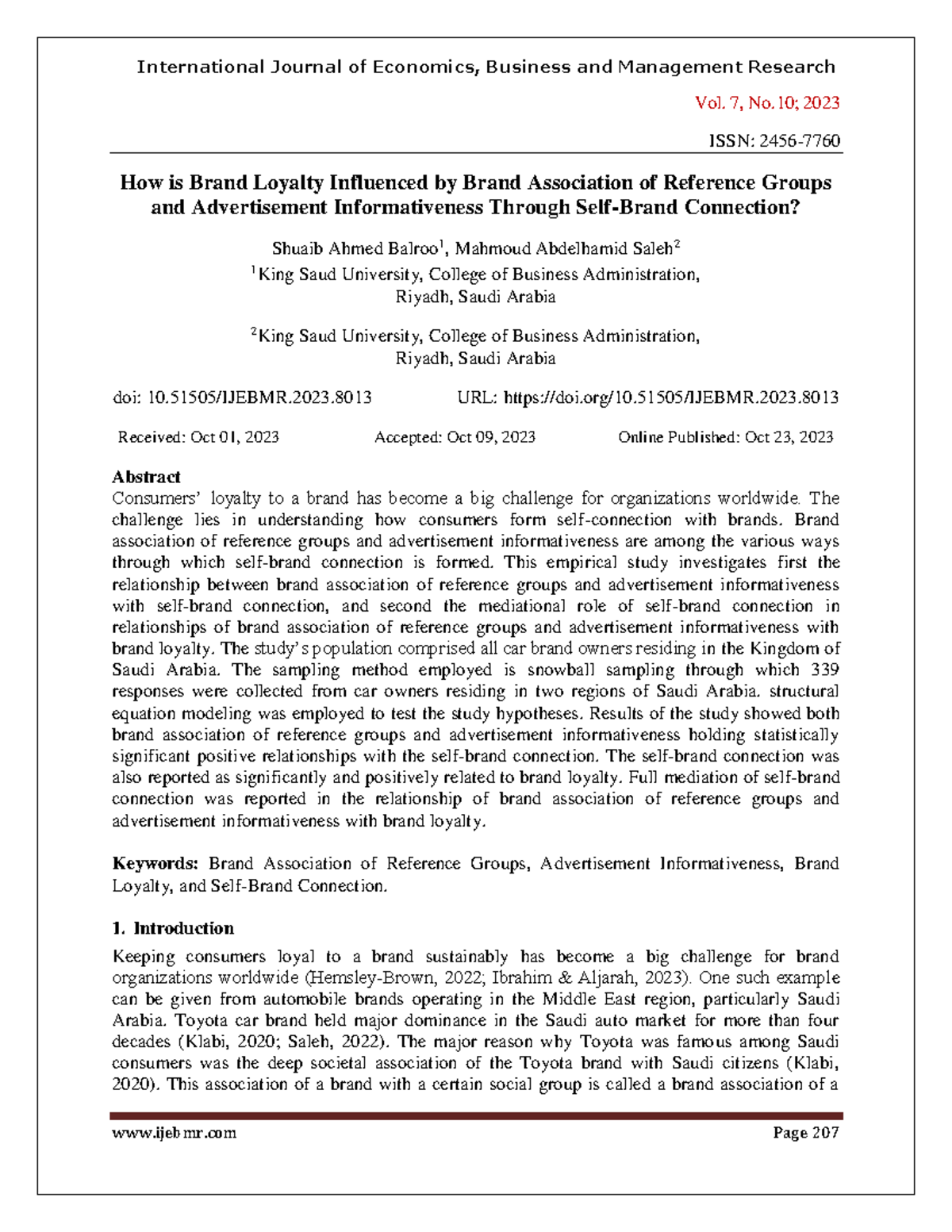 Brand Connection - fff - Vol. 7 , No. 10 ; 2023 ISSN: 2456- 7760 How is ...