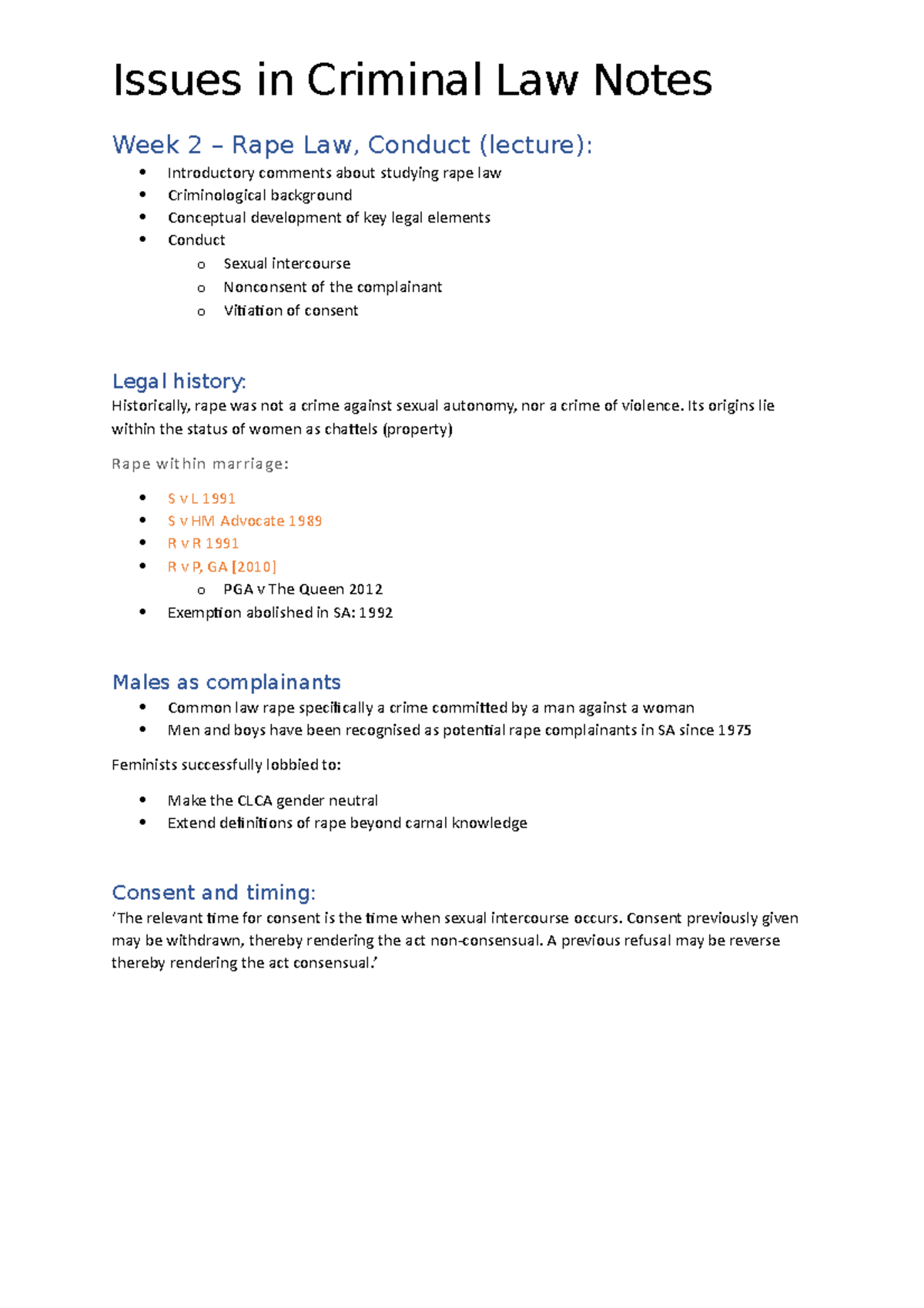 Issues in Criminal Law Notes - Week 2 – Rape Law, Conduct (lecture ...