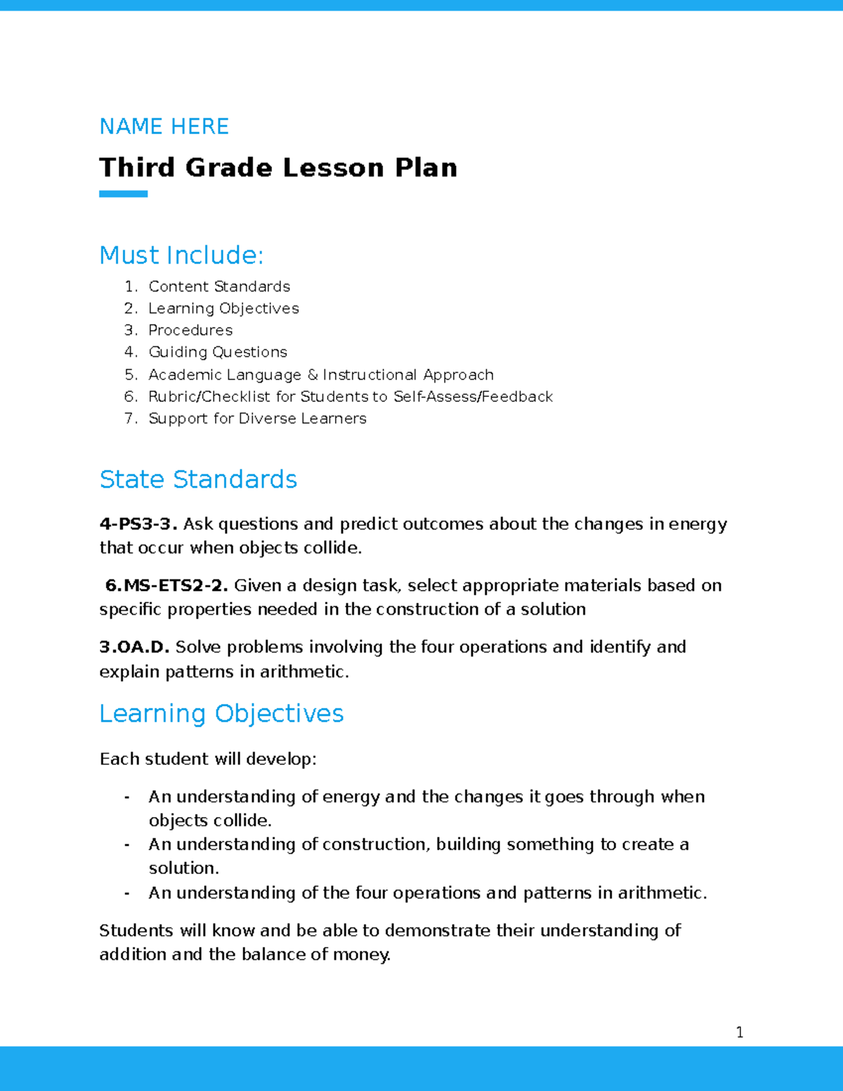 STEM Coursework/Assignments NAME HERE Third Grade Lesson Plan Must