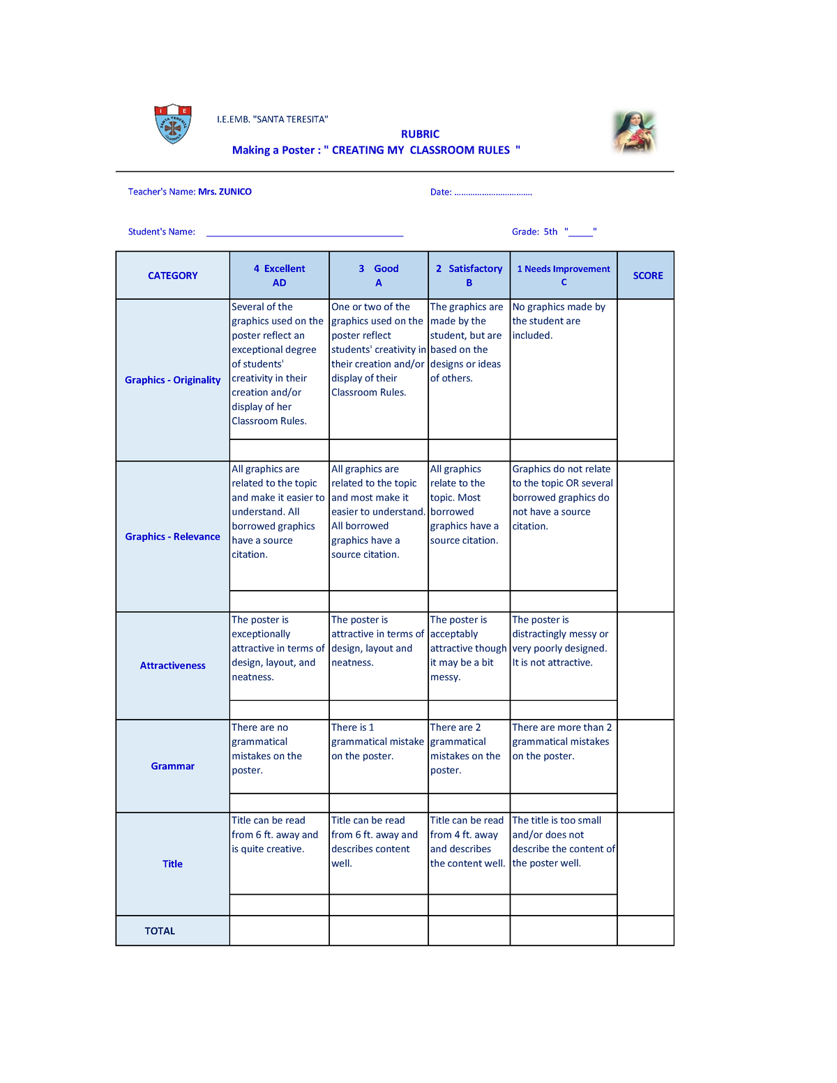 Creating A Poster Classroom Rules - Teacher's Name: Mrs. ZUNICO Date ...