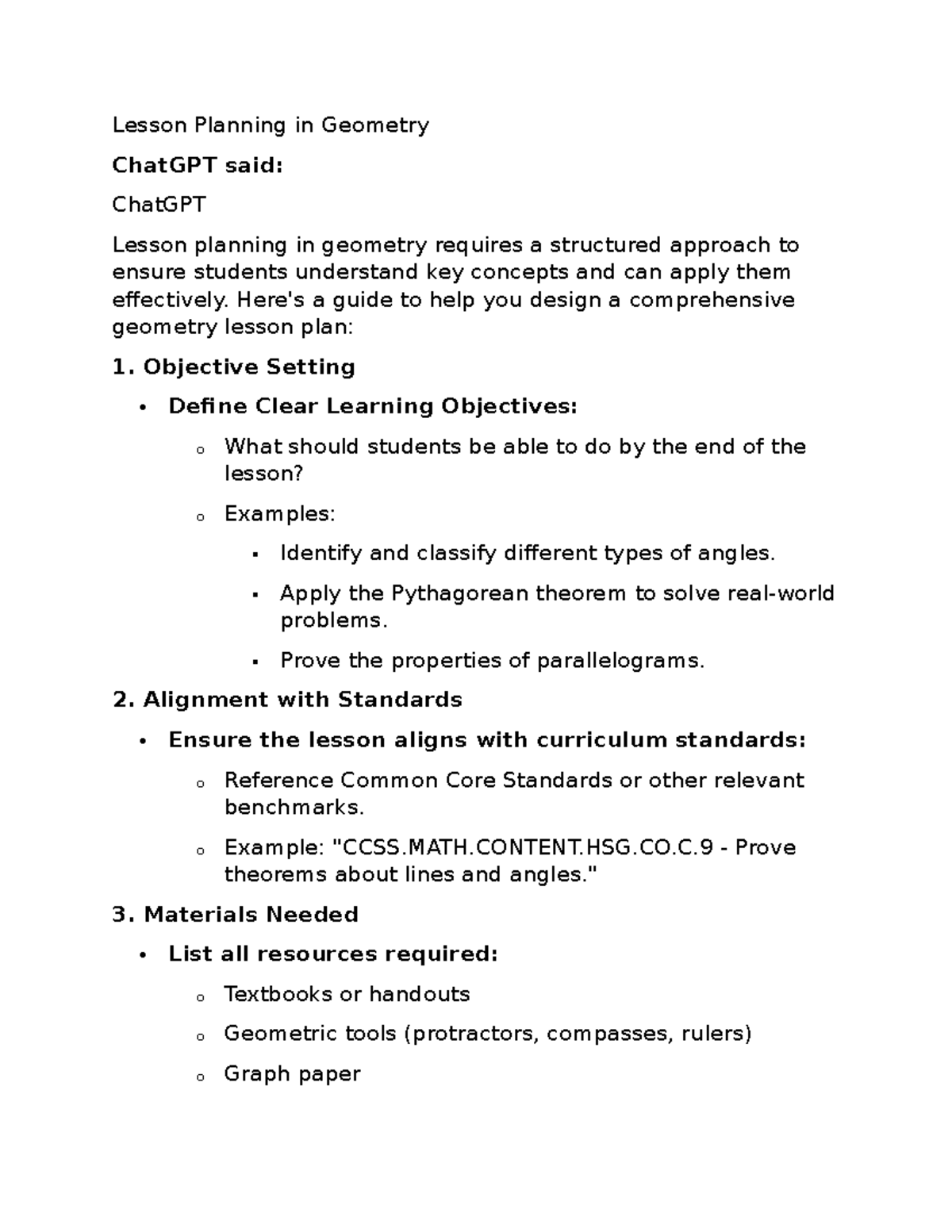 Report - Lesson Planning in Geometry ChatGPT said: ChatGPT Lesson ...