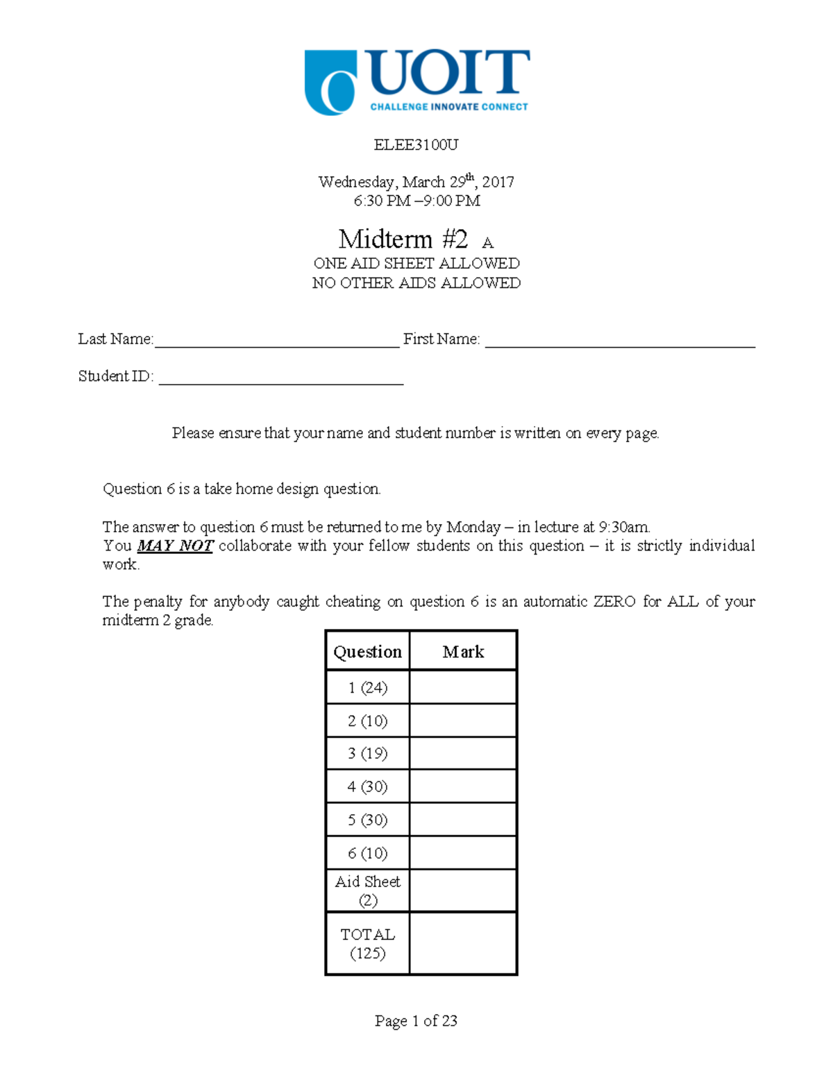 2017-03-29 - ELEE3100 - Midterm 2 - ELEE3100U Wednesday, March 296:30 ...