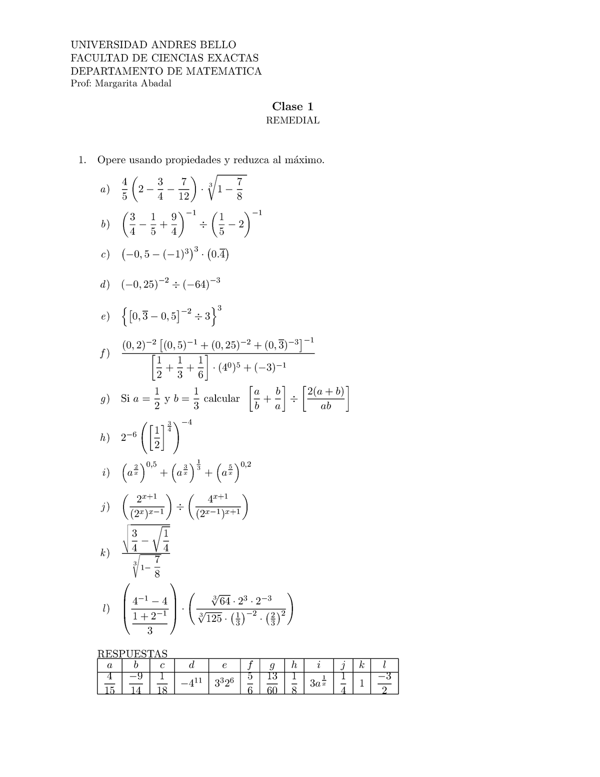 Clase 1 - Mtm - UNIVERSIDAD ANDRES BELLO FACULTAD DE CIENCIAS EXACTAS ...