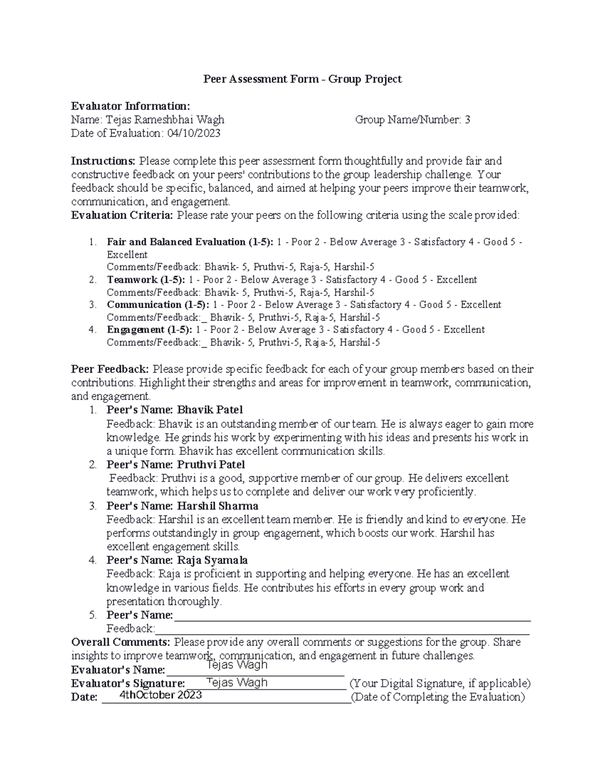 Peer Assessment Form - Report - Tejas Wagh Tejas Wagh 4thOctober 2023 ...