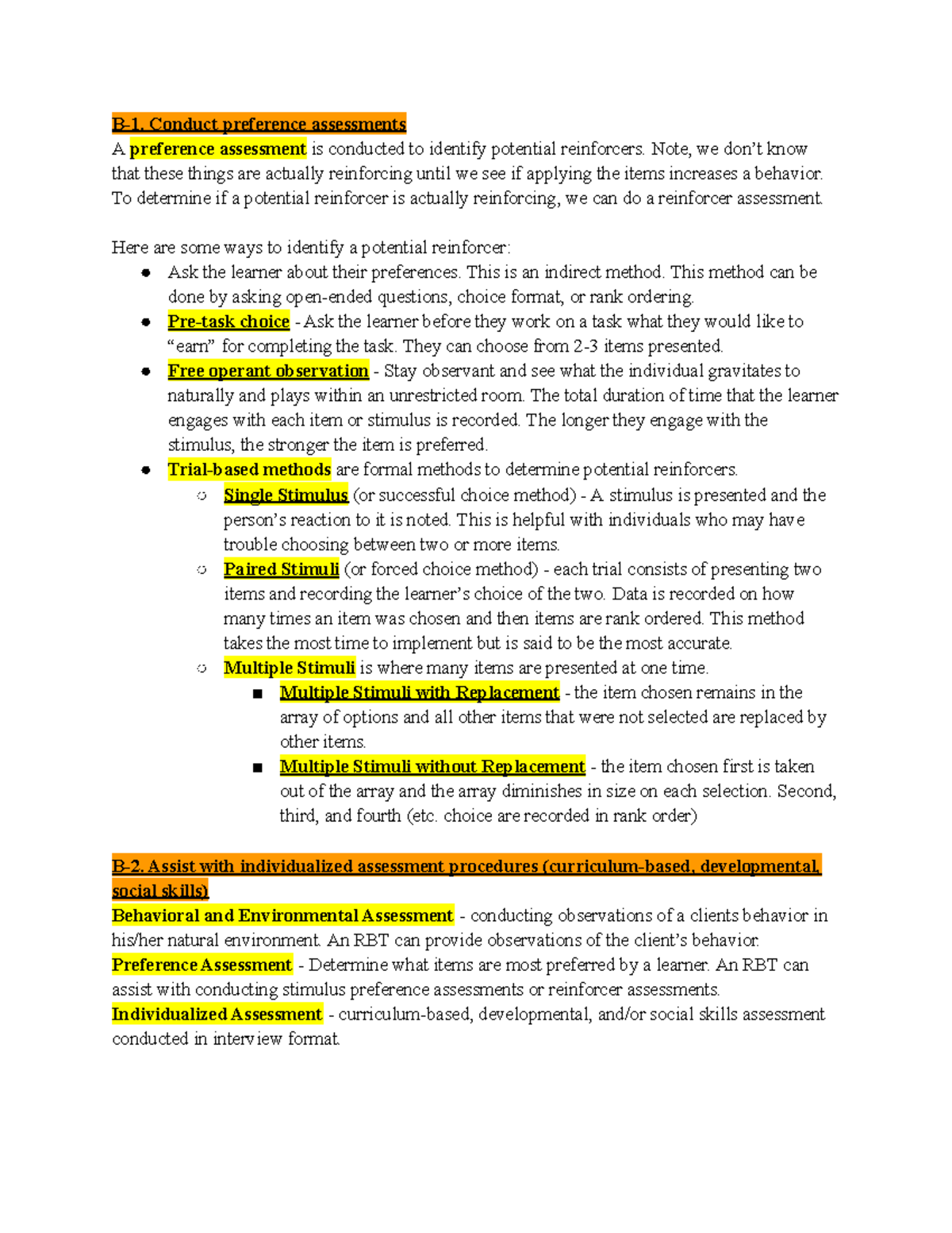 RBT Exam Study Guide Assessment B 1 Conduct Preference Assessments A 