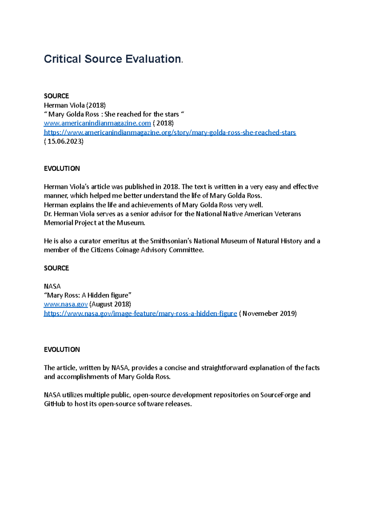 Critical source evaluation source herman viola 2018 mary golda