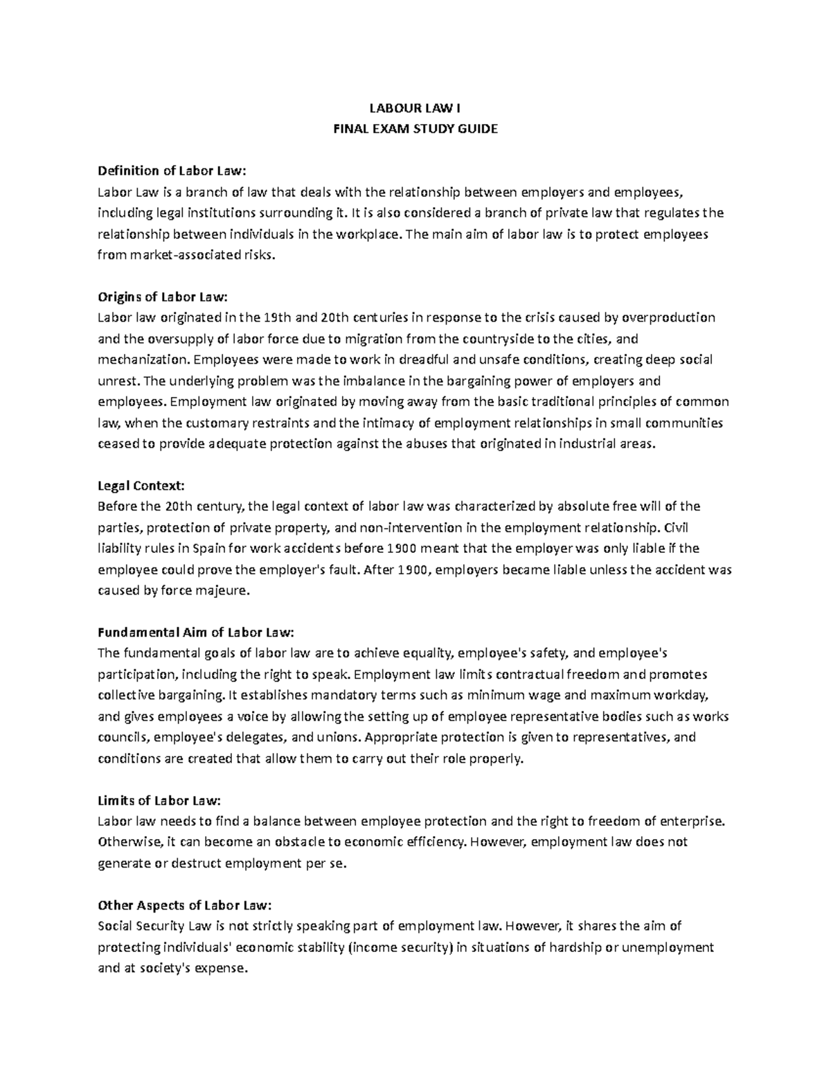 Labour Law Study Guide LABOUR LAW I FINAL EXAM STUDY GUIDE Definition