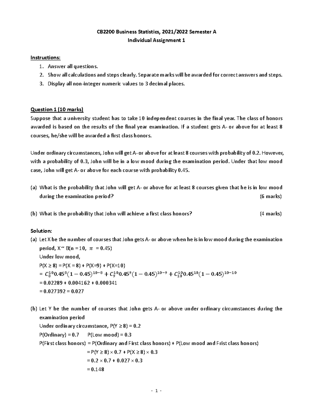 2021 sem a Assignment 1 Suggested Answers - Business Statistics - CityU ...
