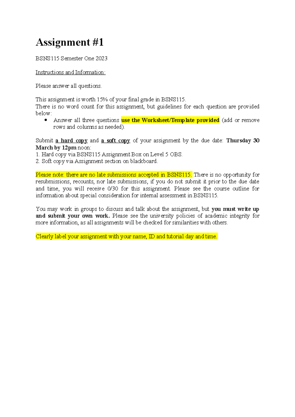 BSNS115 - Assignment 1(2) - Assignment BSNS115 Semester One 2023 ...