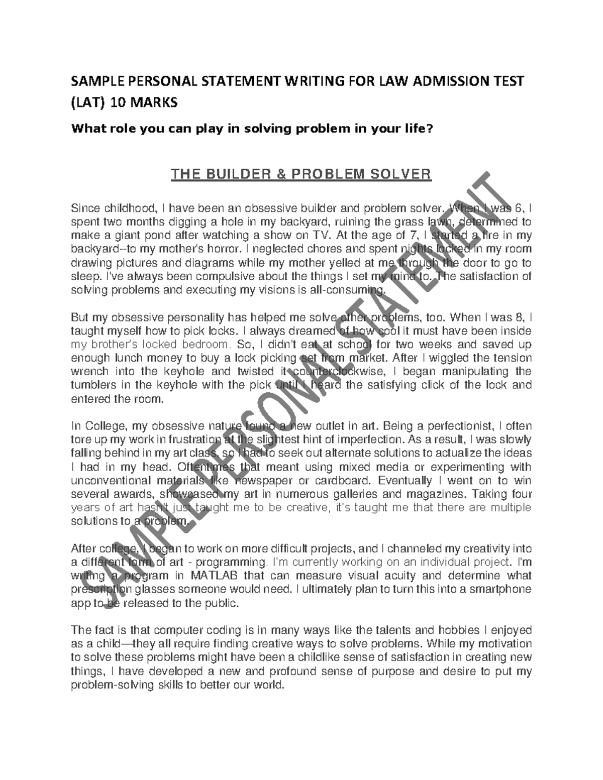 Sample Personal Statement Writing Law Admission Test LAT SAMPLE