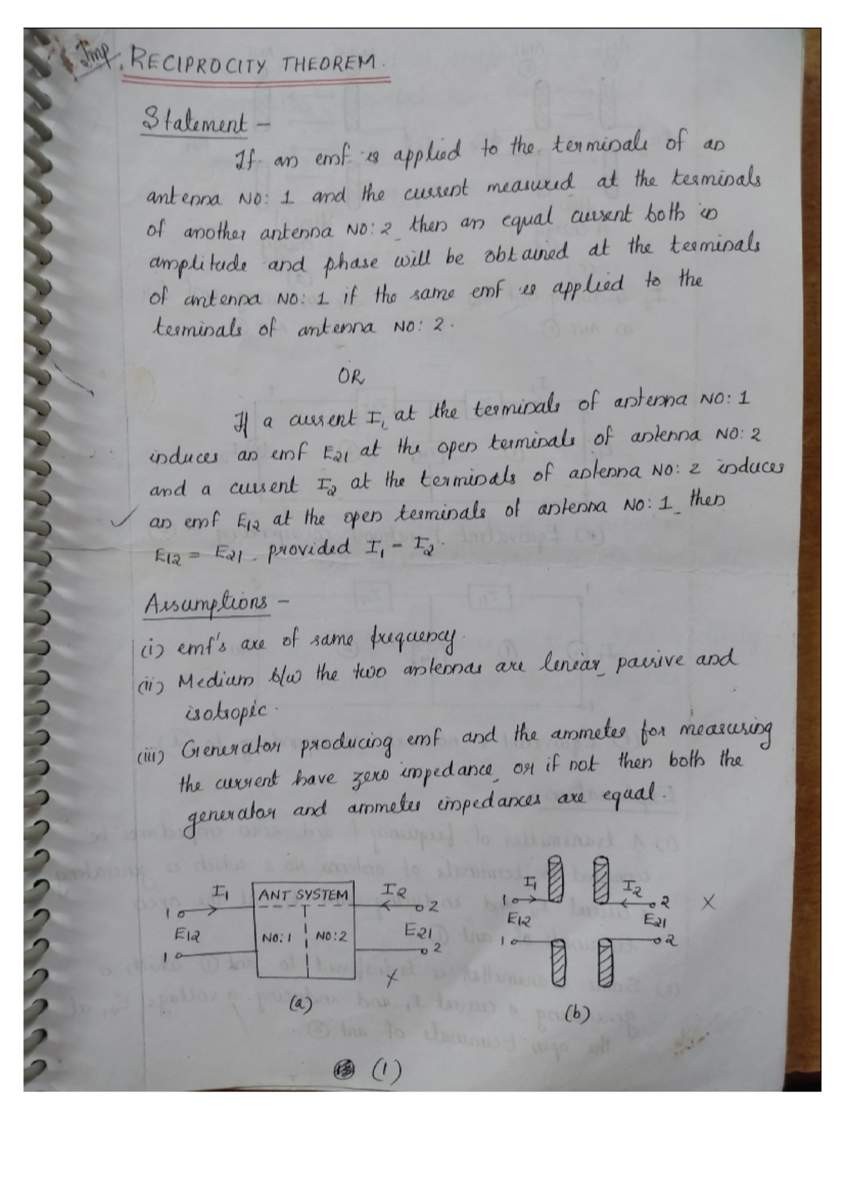 Mwa 1 notes - Imp RECIPROCITY THEOREM. If an emf is applied to the ...