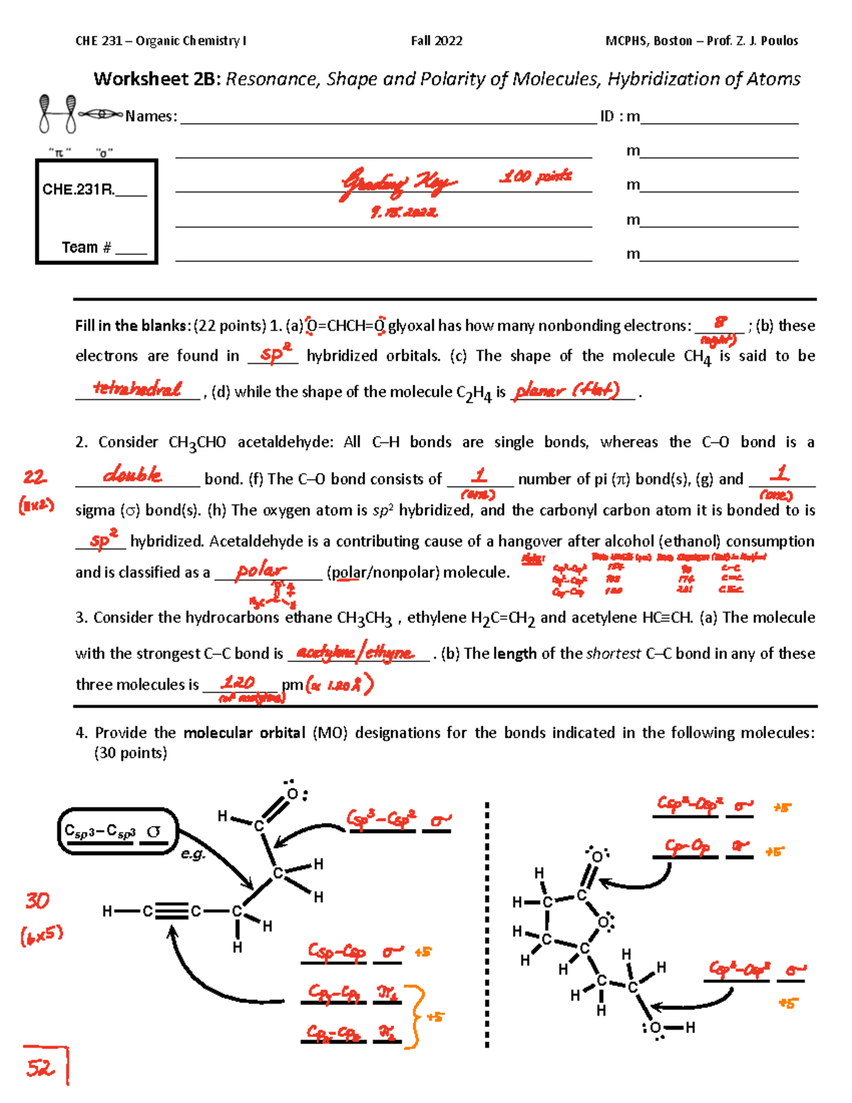 Worksheet 2B - KEY 9 - CHE 231 3 Organic Chemistry I Fall 2022 MCPHS ...