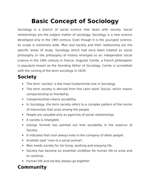 Basic Concept of Sociology - Basic Concept of Sociology Sociology is a  branch of social science that - Studocu