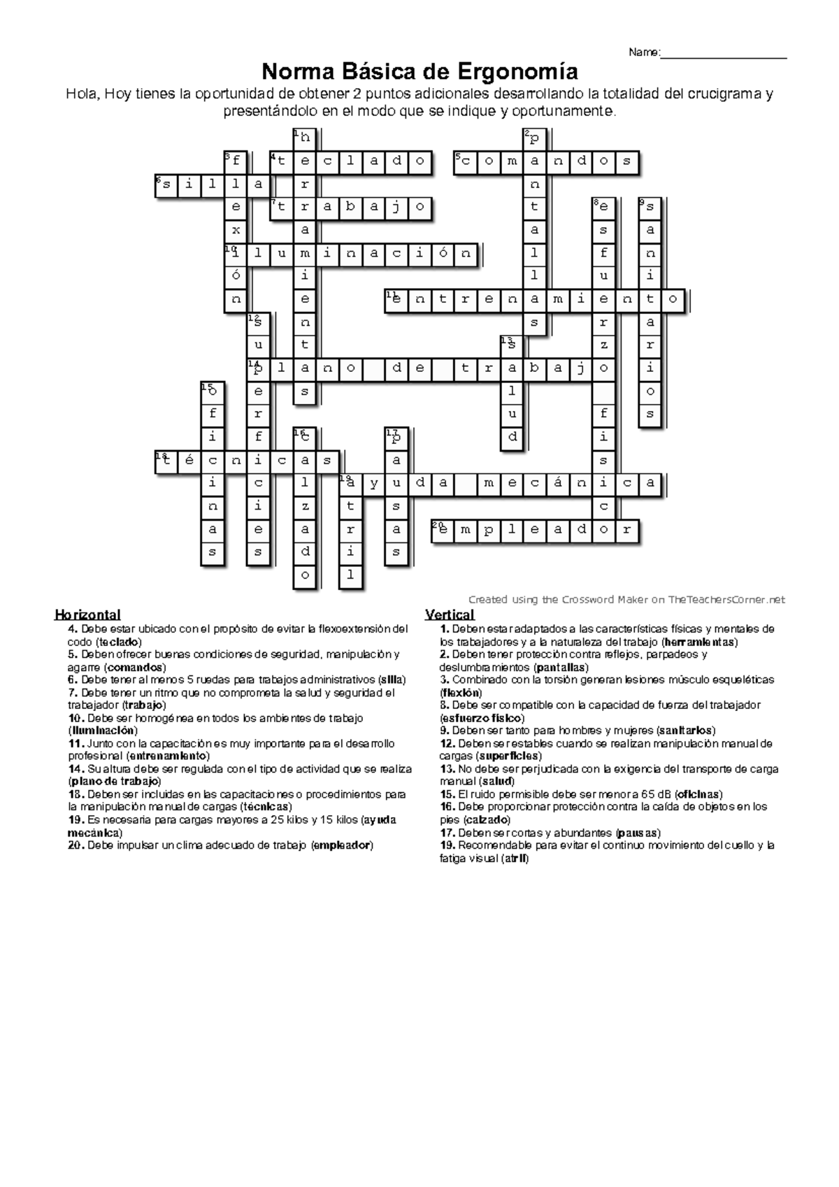 Crucigrama NBE Título III AL VIII Norma Básica de Ergonomía Hola, Hoy
