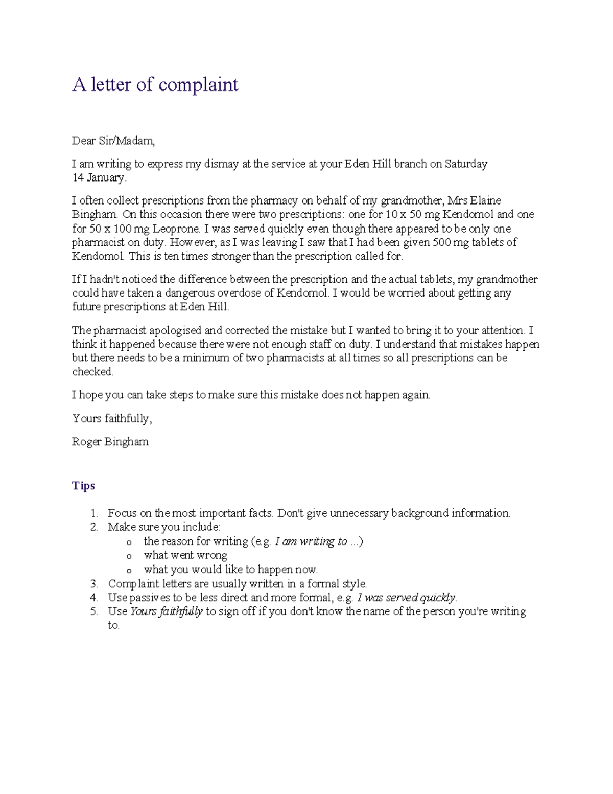 Example Of A Letter Of Complaint A Letter Of Complaint Dear Sir Madam 