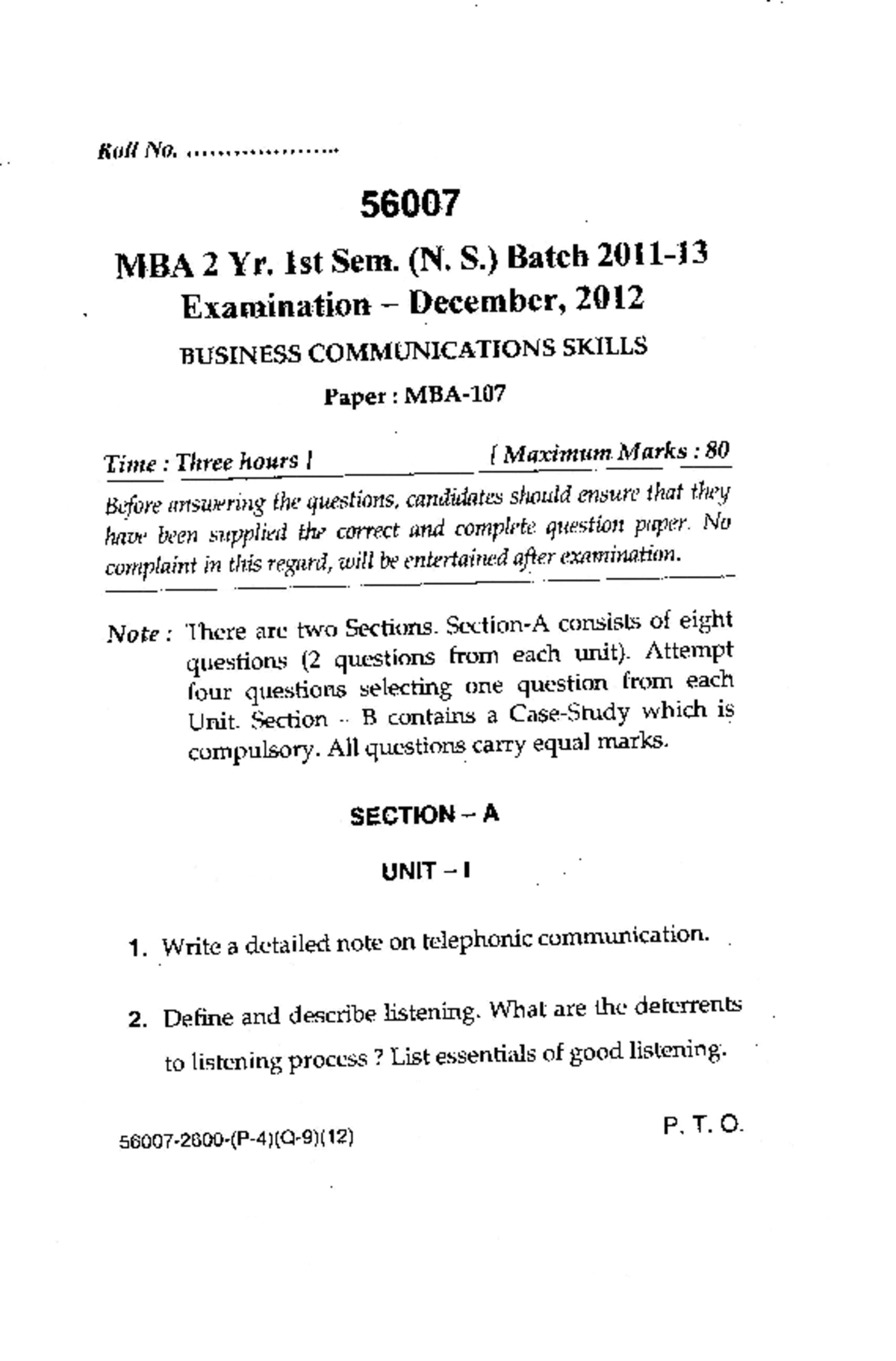 MBA Business Communications Question paper StuDocu