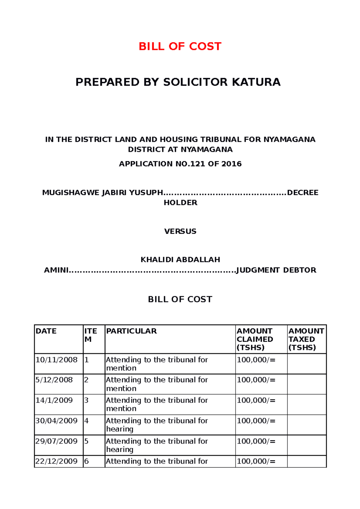 HOW TO Draft BILL OF COST IN Tanzania BY BILL OF COST PREPARED BY