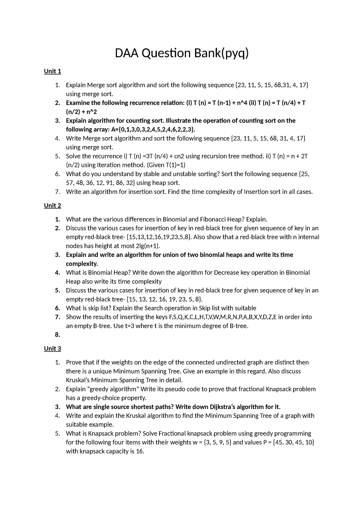 DAA Question Bank - DAA Question Bank(pyq) Unit 1 1. Explain Merge Sort ...