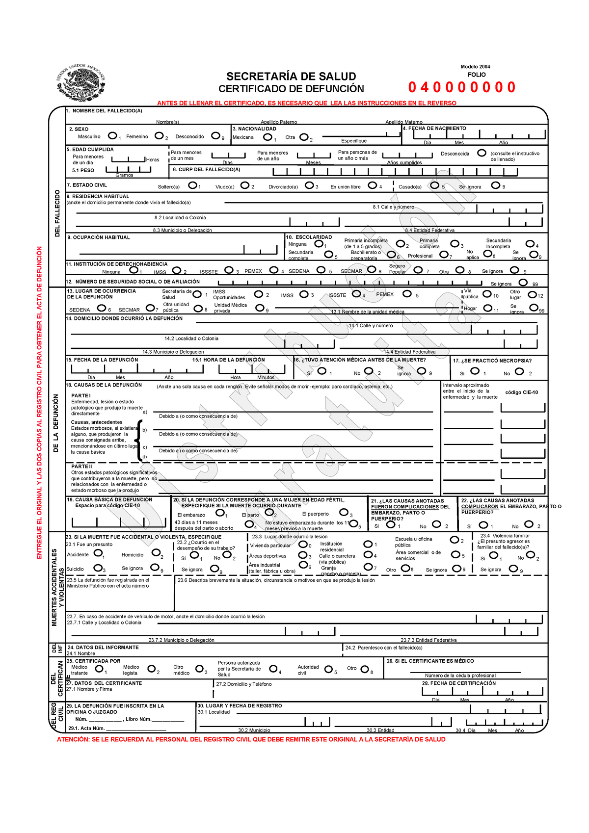 Certificado defuncion SECRETARÕA DE SALUD CERTIFICADO DE DEFUNCIN ANTES DE LLENAR EL