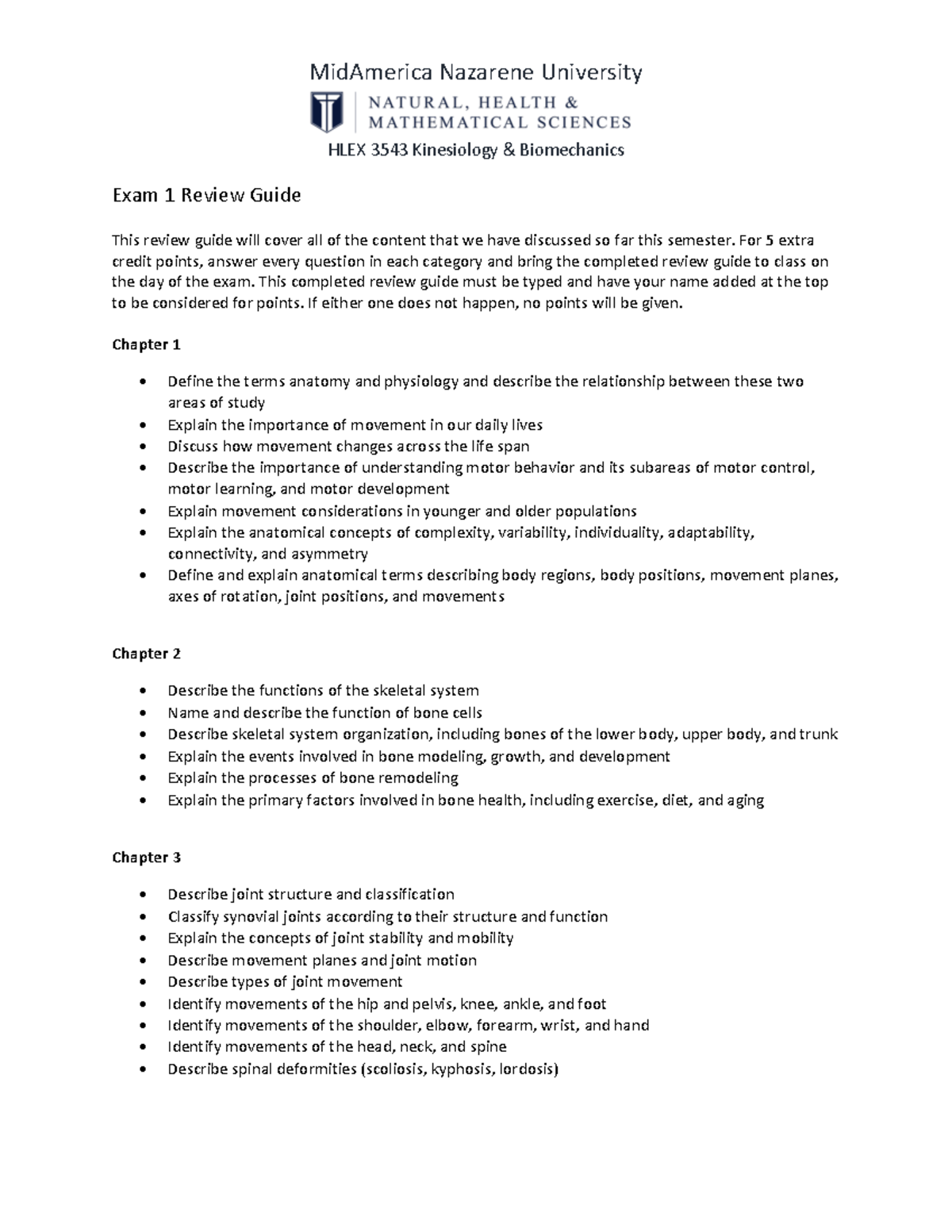 Exam 1 Review Guide Chapters 13 MidAmerica Nazarene University