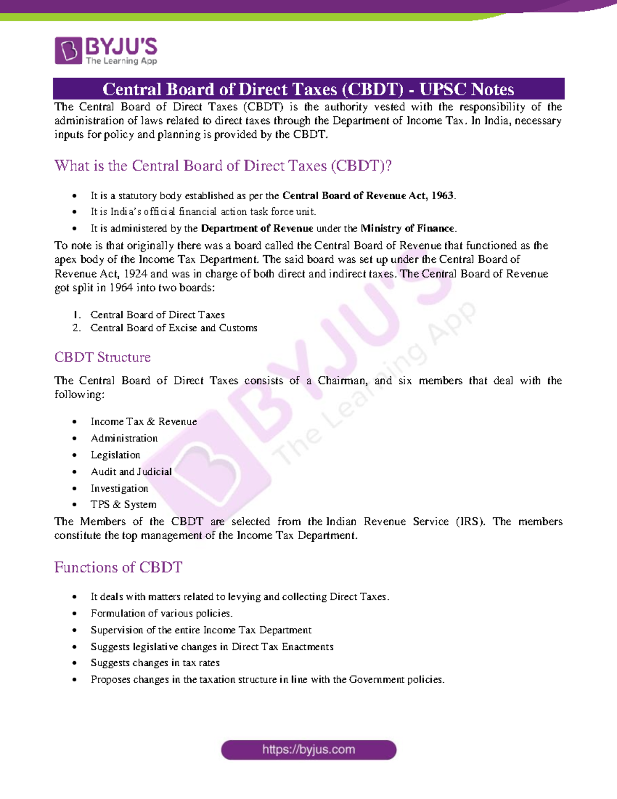 Central Board Of Taxes CBDT UPSC Notes - Central Board Of Direct Taxes ...