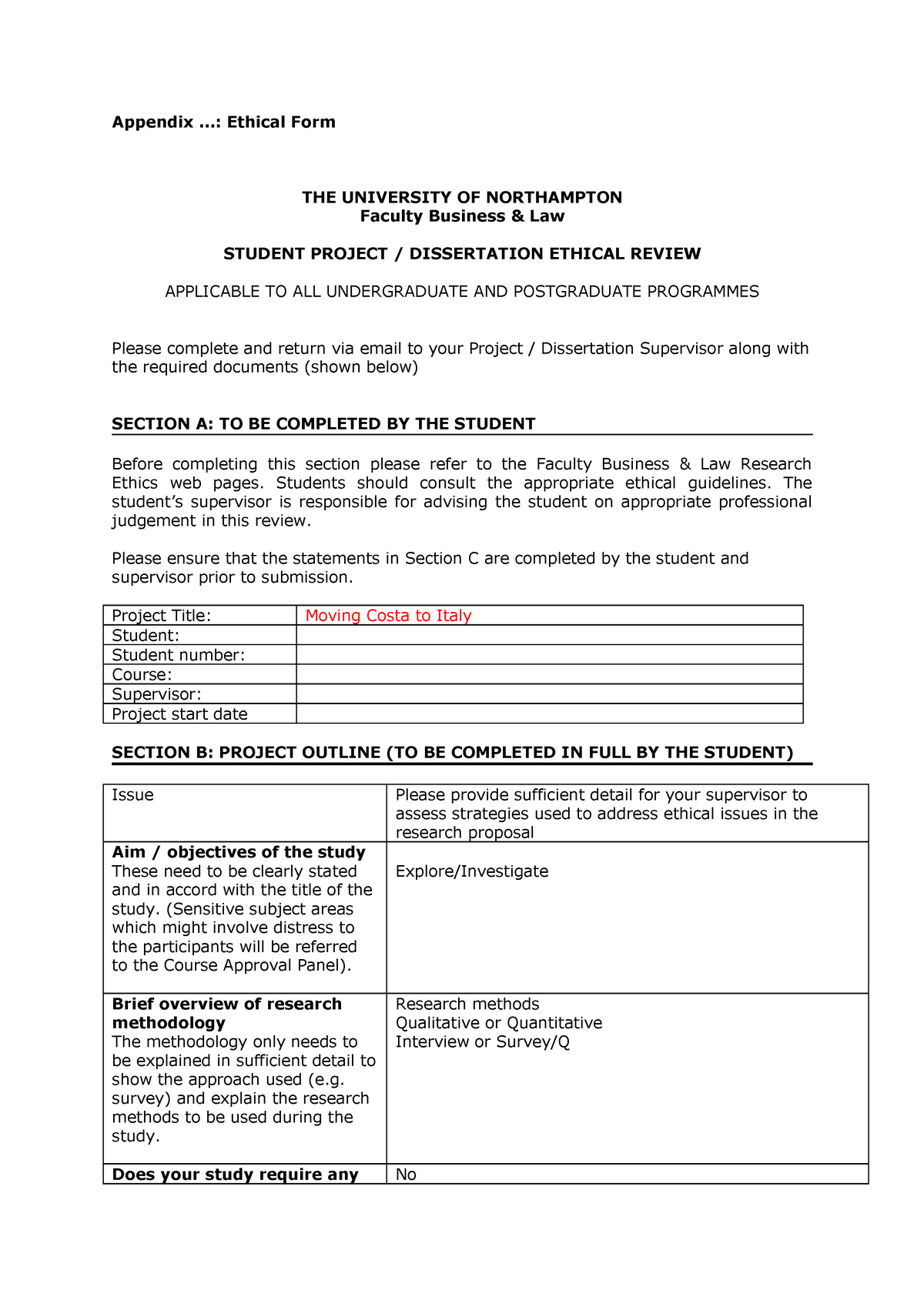 ethics form for dissertation sample